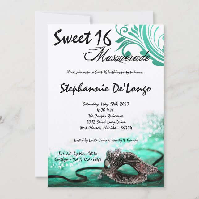 Invitación 5 x 7 Aqua Masquerade Sweet 16 Birthday Invitation (Anverso)