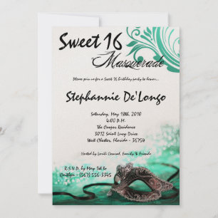 Invitación 5 x 7 Aqua Masquerade Sweet 16 Birthday Invitation