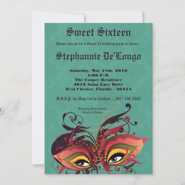 Invitación 5 x 7 Aqua Masquerade Sweet 16 Birthday Invitation (Anverso)