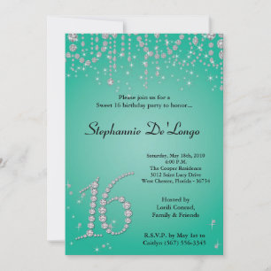Invitación 5 x 7 Aqua Verde azulado Diamante Dulce 16 Invitac