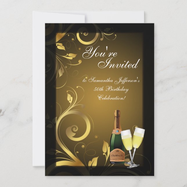 Invitación 5 x 7 Black and Gold Swirl, fiesta de cumpleaños d (Anverso)