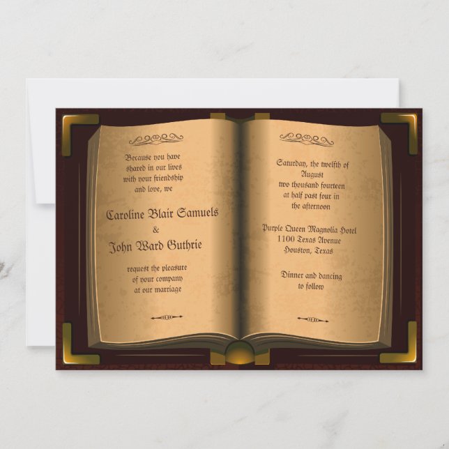 Invitación *5" x 7" boda antigua del libro del cuero del (Anverso)