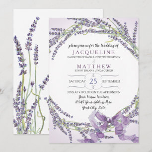 Invitación 5 x 7 Flor de lavanda francesa Wreath Lilac Purple