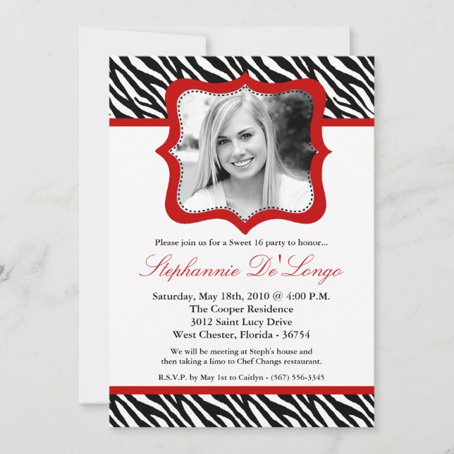 Invitación 5 x 7 FOTO de cebra roja dulce 16 cumpleaños invit (Anverso)