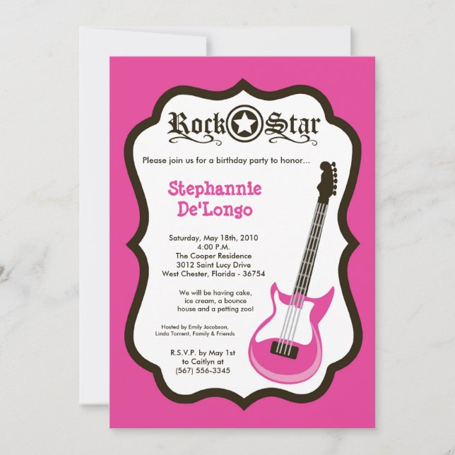 Invitación 5 x 7 guitarra de rock rosado cumpleaños invitació (Anverso)