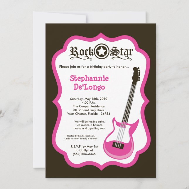 Invitación 5 x 7 guitarra de rock rosado cumpleaños invitació (Anverso)