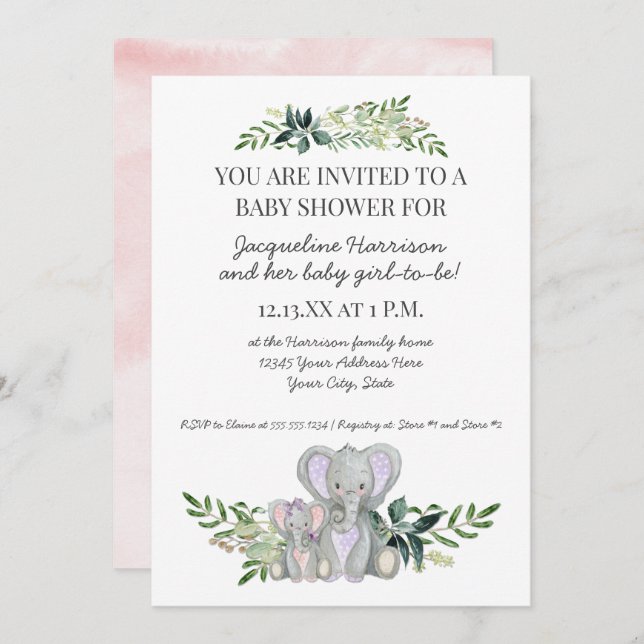 Invitación 5 x 7 mami bebé elefante follaje Rubor ducha rosa (Anverso / Reverso)