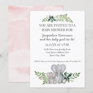 Invitación 5 x 7 mami bebé elefante follaje Rubor ducha rosa