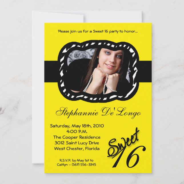 Invitación 5 x 7 Yellow Band FOTO Sweet 16 Birthday Invite (Anverso)