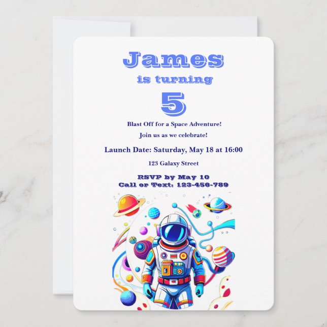 Invitación 5 Year Old Space Birthday Custom Astronaut Orbit  (Anverso)