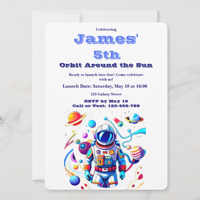 Invitación 5 Year Old Space Birthday Custom Astronaut Orbit  (Anverso)