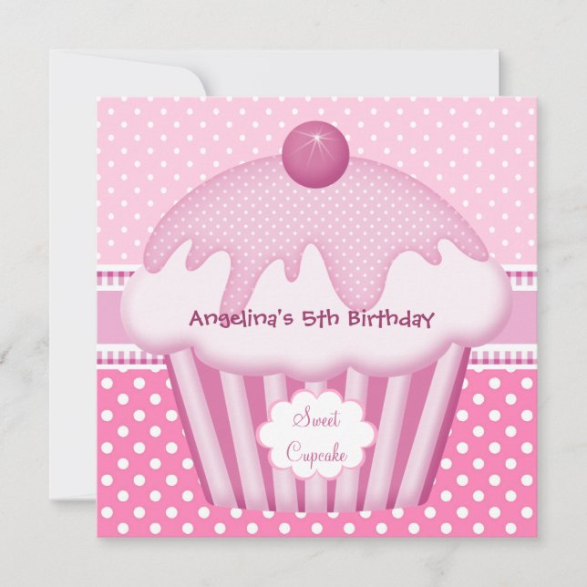 Invitación 5ta Cupcake Dulce Blanco con Lunares Rosados Niñas (Anverso)