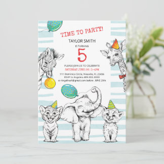 Invitación 5th birthday invitation with funny cute animal.