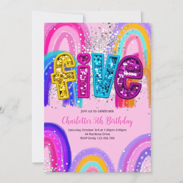 Invitación 5th Birthday Sequin Rainbow Party Invitation (Anverso)