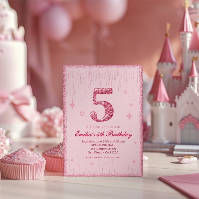 Invitación 5th Pink Glitter Birthday | Sparkle Glitter (Subido por el creador)