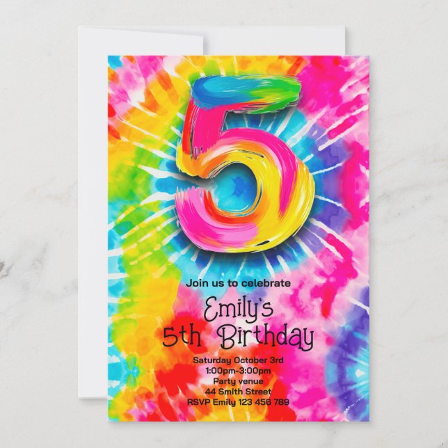 Invitación 5th Tie Dye Birthday (Anverso)
