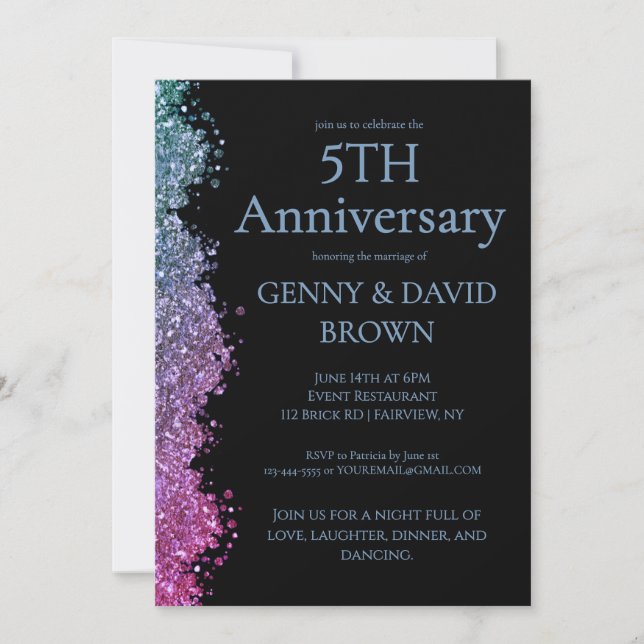 Invitación 5th Wedding Anniversary Blue Purple Faux Glitter  (Anverso)