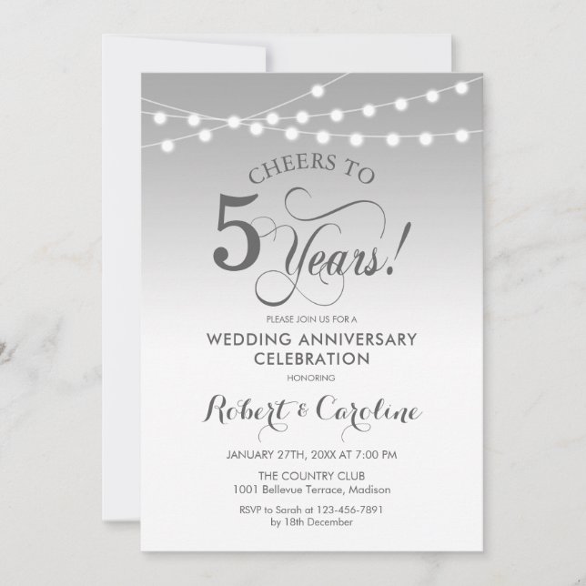 Invitación 5to Aniversario de Boda - Plata Blanca (Anverso)