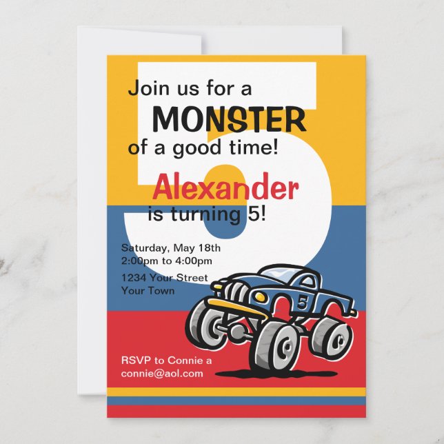 Invitación 5to cumpleaños del monster truck (Anverso)