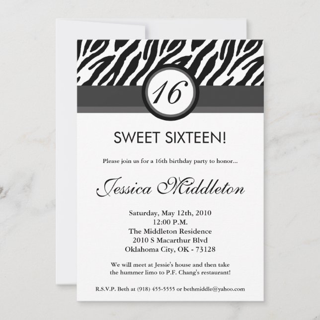 Invitación 5x7 Black Gray Zebra16th Birthday Invitation (Anverso)