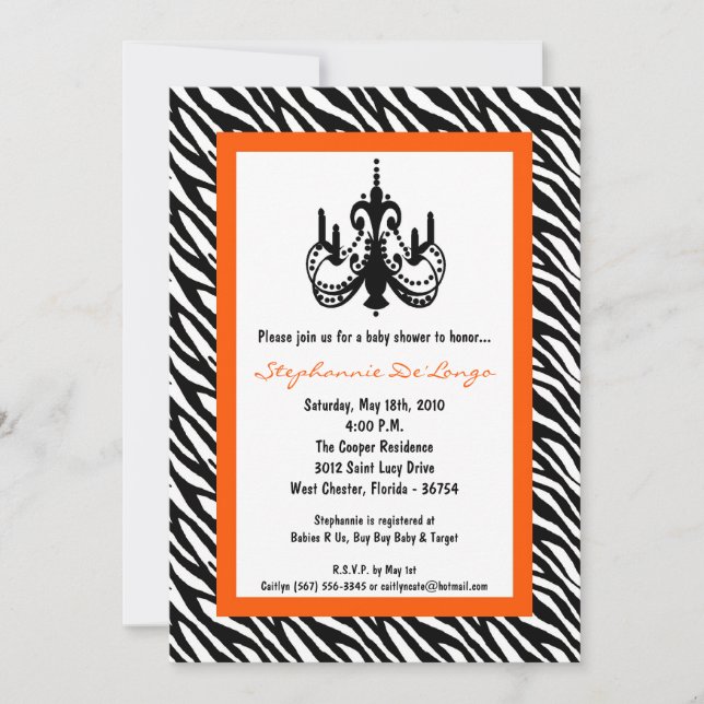 Invitación 5x7 Chandelier Orange Zebra Baby Shower Invitation (Anverso)