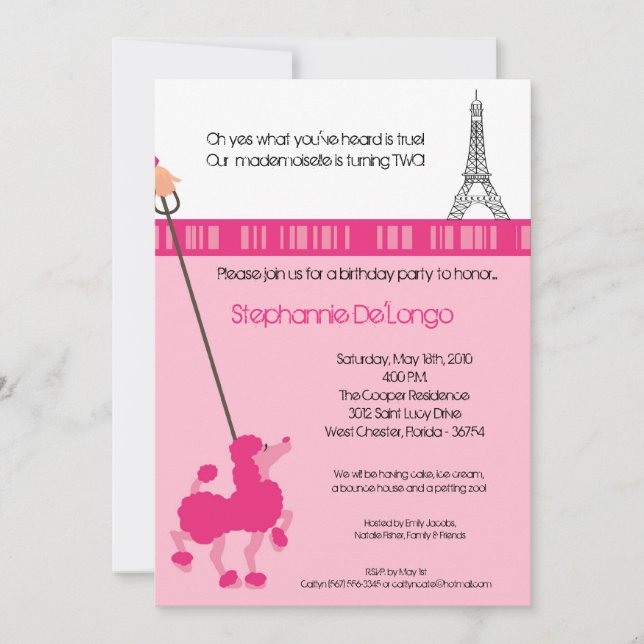 Invitación 5x7 Chica Pink Poodle Paris Birthday Par Invitació (Anverso)