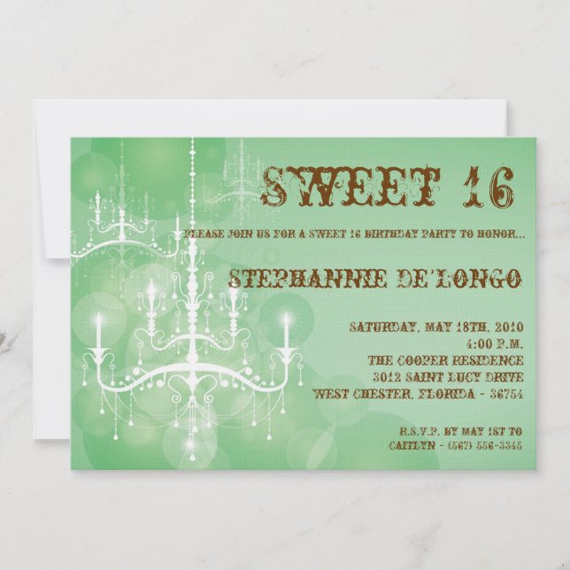 Invitación 5x7 Green Chandelier Sweet 16 Birthday Invitation (Anverso)