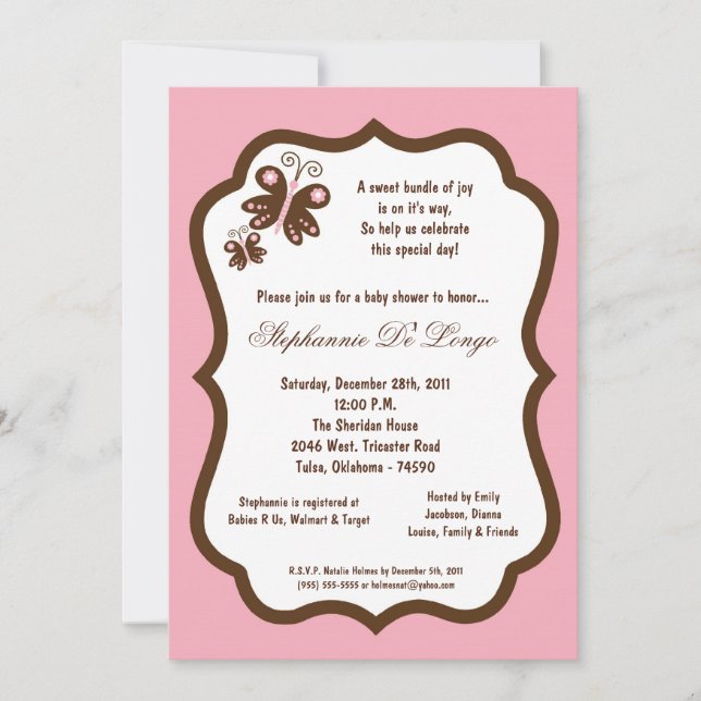 Invitación 5x7 mariposa rosa clara Baby Shower (Anverso)