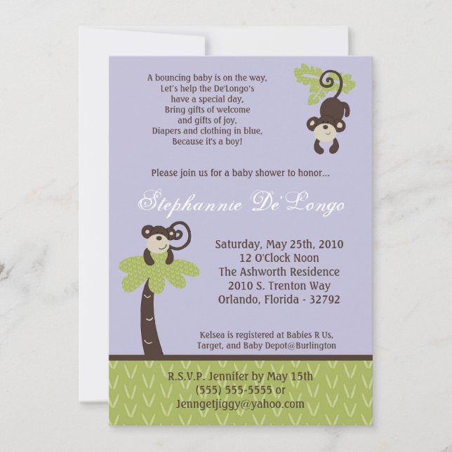 Invitación 5x7 Monkey Time Zoo Animal Baby Shower Invitation (Anverso)