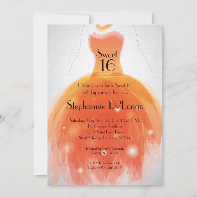 Invitación 5x7 Orange Dress Sweet 16 Birthday Invitation (Anverso)