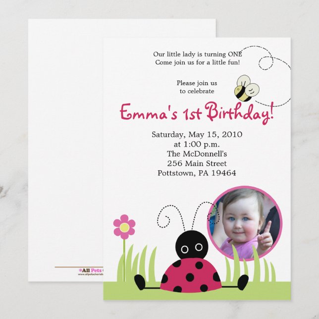 Invitación 5x7 Pequeña Ladybug *FOTO* Cumpleaños de primavera (Anverso / Reverso)