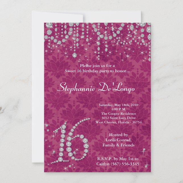 Invitación 5x7 Pink Diamond Sweet 16 Birthday Invitation (Anverso)
