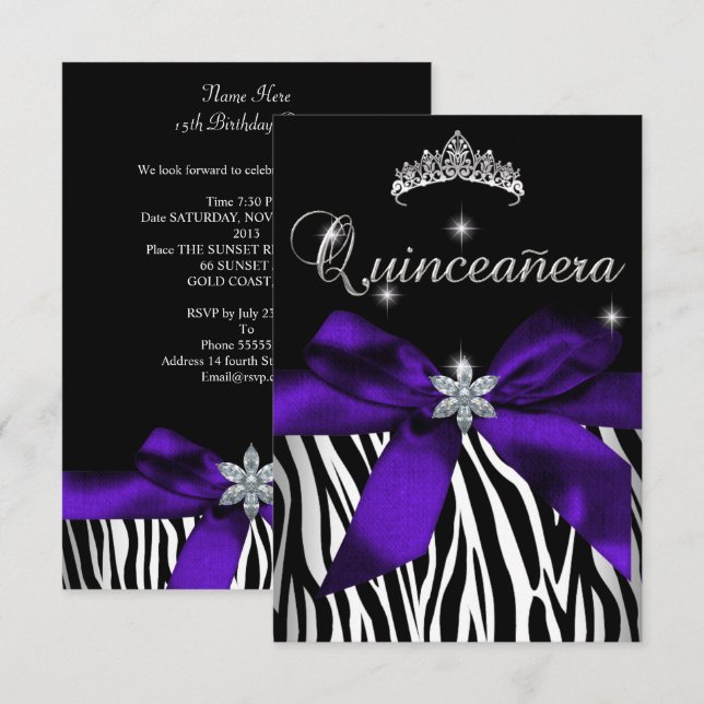 Invitación 5x7 Quinceanera Púrpura Zebra Blanco Negro (Anverso / Reverso)