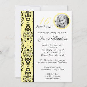 Invitación 5x7Damasco amarillo claro 16 cumpleaños fiesta de