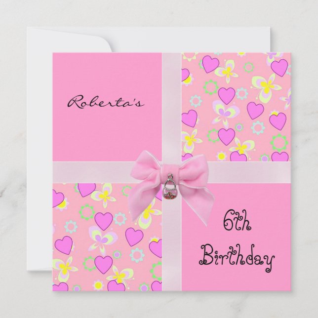 Invitación 6º cumpleaños Chica Bow de corazones ro (Anverso)