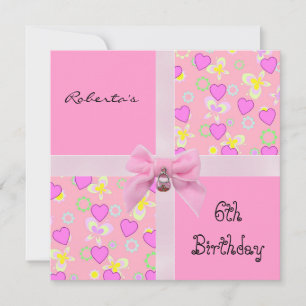 Invitación 6º Cumpleaños Corazón Rosa Lazo Niña