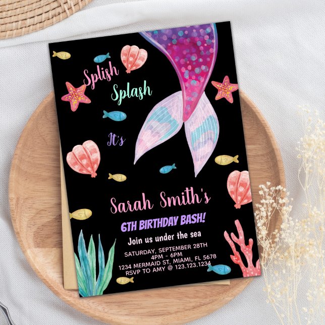 Invitación 6º Cumpleaños de sirena con rosa oscuro arriba (6th Dark Pink on top mermaid Birthday Invitation)