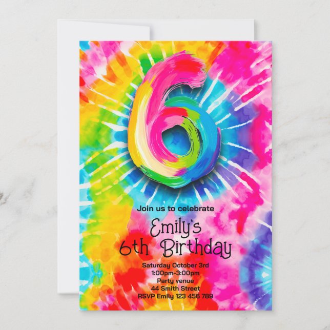 Invitación 6º Cumpleaños Tie Dye (Anverso)