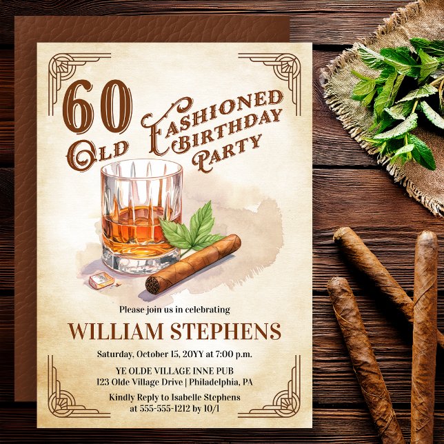 Invitación 60ª Fiesta de Cumpleaños de Whisky con Cigarro a l (Old Fashioned whiskey 60th birthday invitation with vintage masculine style)