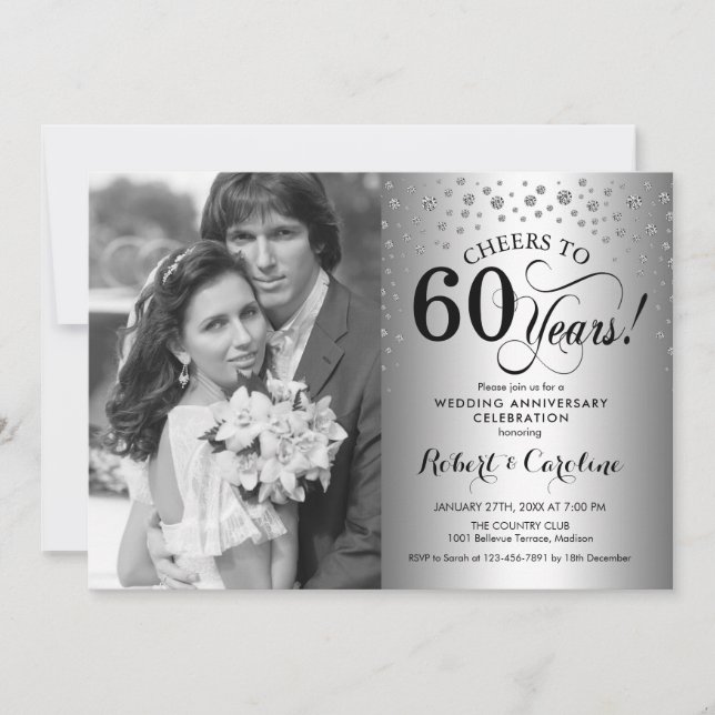 Invitación 60º Aniversario de Boda con Foto - Plata (Anverso)