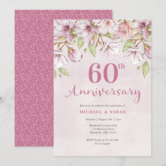 Invitación 60º Aniversario de Boda Floral Rosa (Anverso / Reverso)