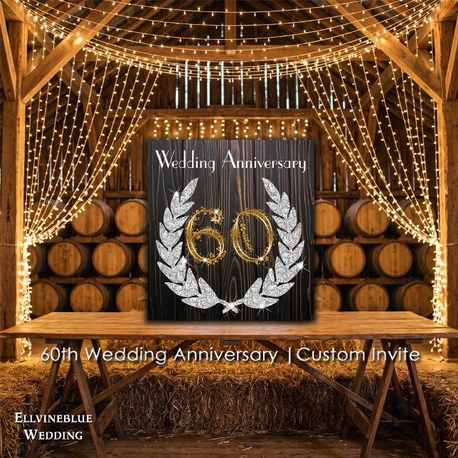 Invitación 60º Aniversario de Boda | Madera Rústica y Oro (60th Wedding Anniversary Invite | Rustic Wood & Diamond Laurel. Size: 5.25” x 5.25”)