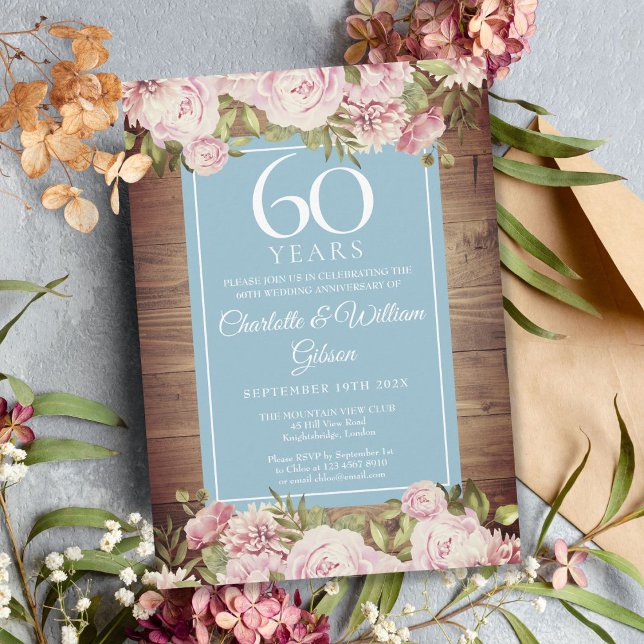 Invitación 60º Aniversario de Boda Rosas Rústicas Verdor  (60th Wedding Anniversary Rustic Roses Greenery Invitation)