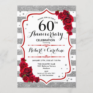 Invitación 60º Aniversario - Rosas Rojas Blancas Plateadas
