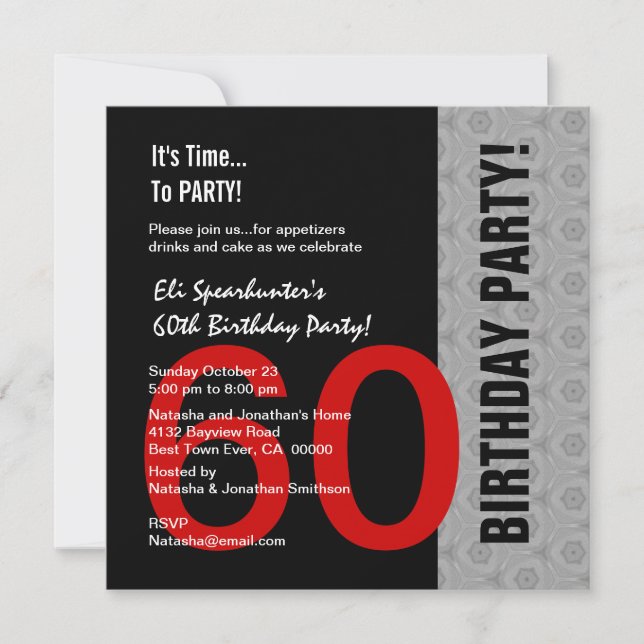 Invitación 60º cumpleaños moderno color plata roja negro grac (Anverso)