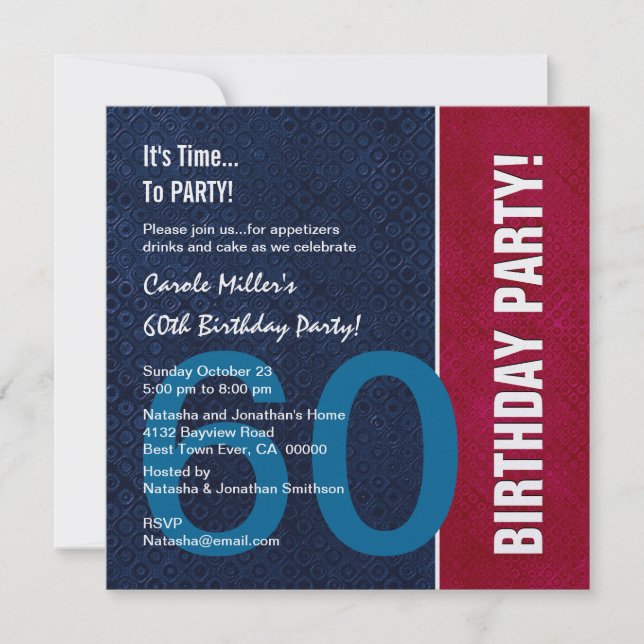 Invitación 60º cumpleaños moderno rojo azul blanco metálico v (Anverso)