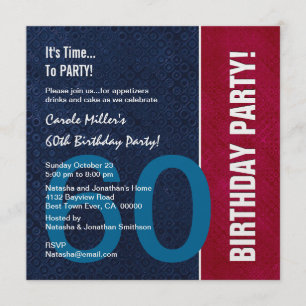 Invitación 60º cumpleaños moderno rojo azul blanco metálico v