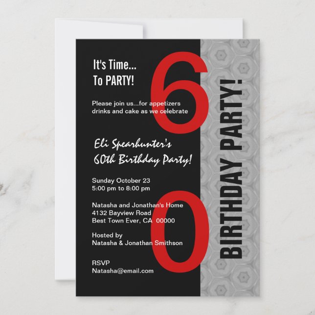 Invitación 60º cumpleaños moderno rojo plateado negro D845 (Anverso)