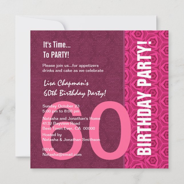 Invitación 60º cumpleaños Moderno Rosa y Vino C949A (Anverso)