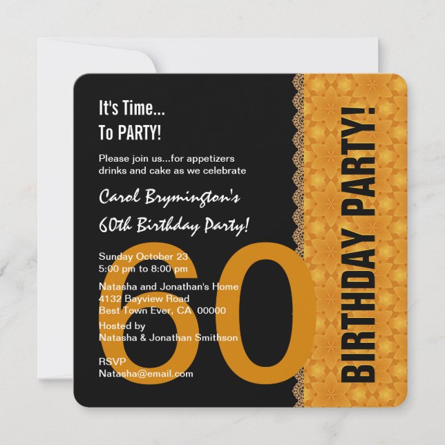 Invitación 60º cumpleaños negro y oro con Lace V02 (Anverso)